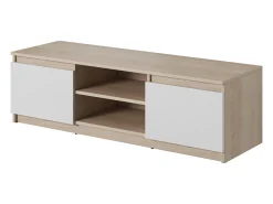 Móvel de TV simples 120 cm, para televisor, 2 armários e prateleiras, estrutura carvalho sonoma, frentes branco mate