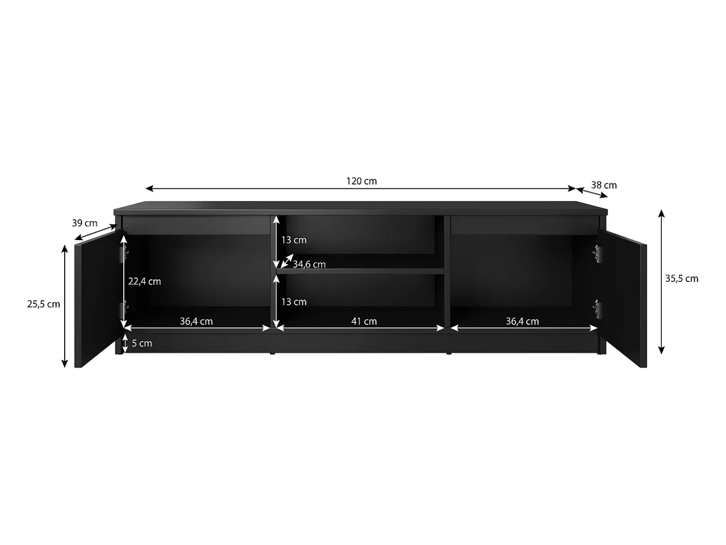 Móvel de TV simples 120 cm, para televisor, 2 armários e prateleiras, estrutura castanheiro, frentes castanheiro mate