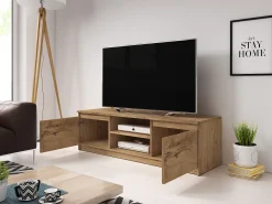 Móvel de TV simples 120 cm, para televisor, 2 armários e prateleiras, estrutura castanheiro, frentes castanheiro mate