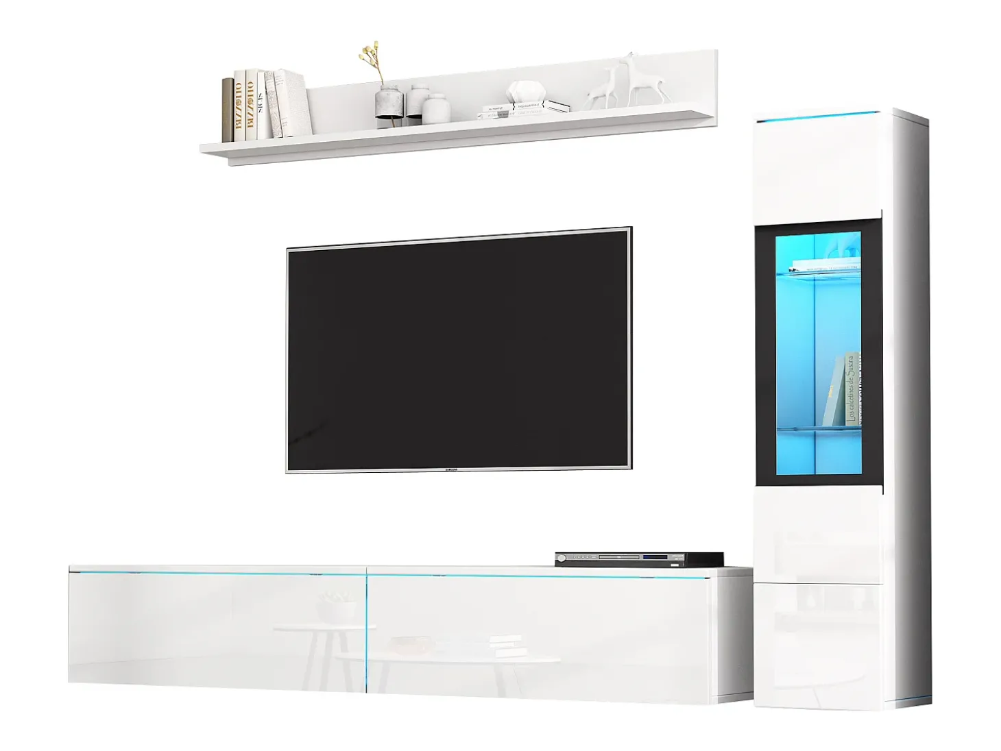 Móvel de TV suspenso + conjunto de vitrine de sala - LEDs - Aglomerado - Branco brilhante