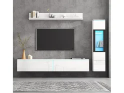 Móvel de TV suspenso + conjunto de vitrine de sala - LEDs - Aglomerado - Branco brilhante