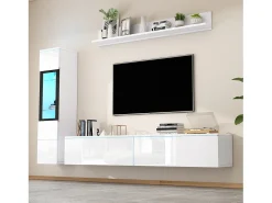 Móvel de TV suspenso + conjunto de vitrine de sala - LEDs - Aglomerado - Branco brilhante