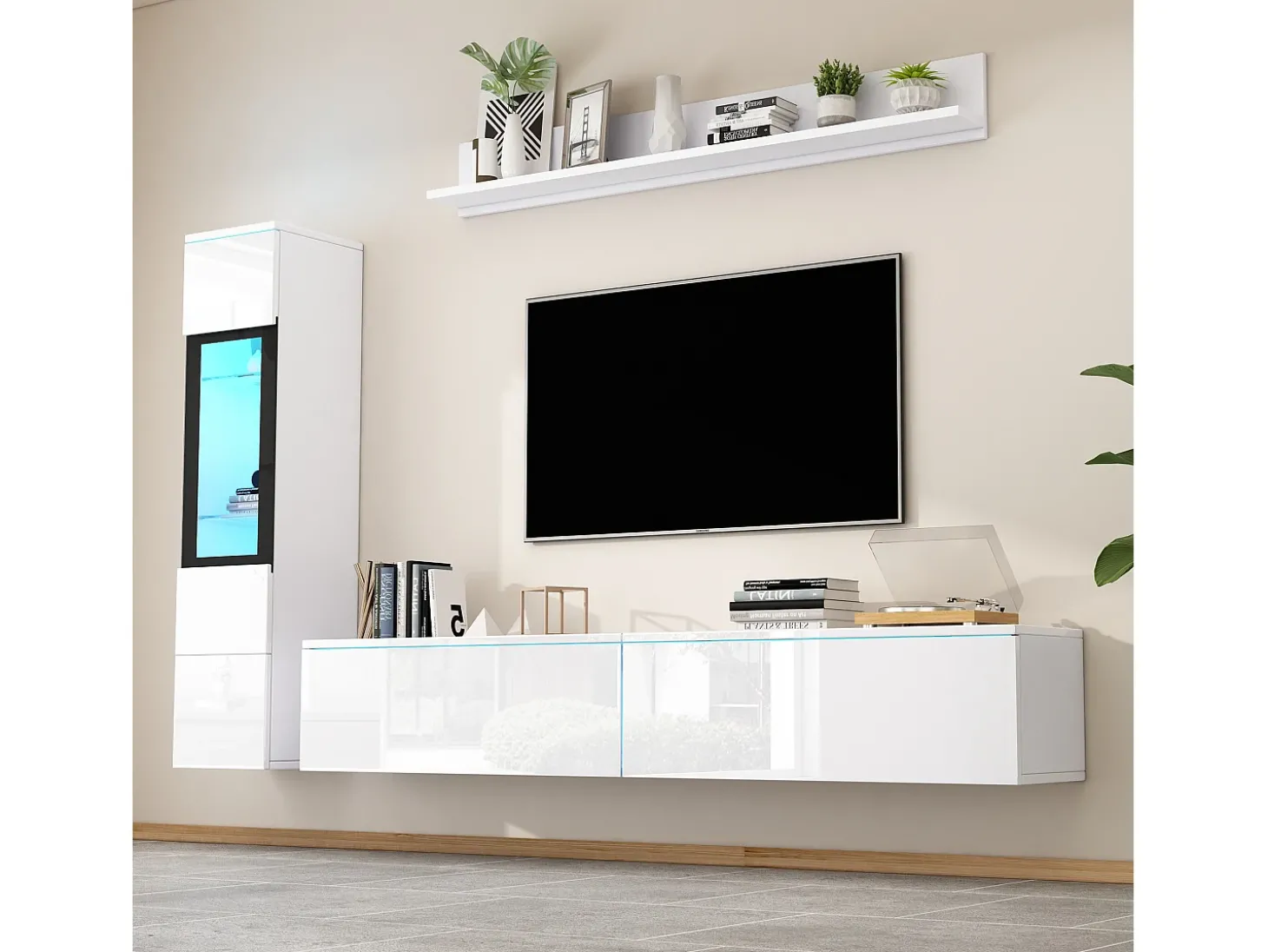 Móvel de TV suspenso + conjunto de vitrine de sala - LEDs - Aglomerado - Branco brilhante