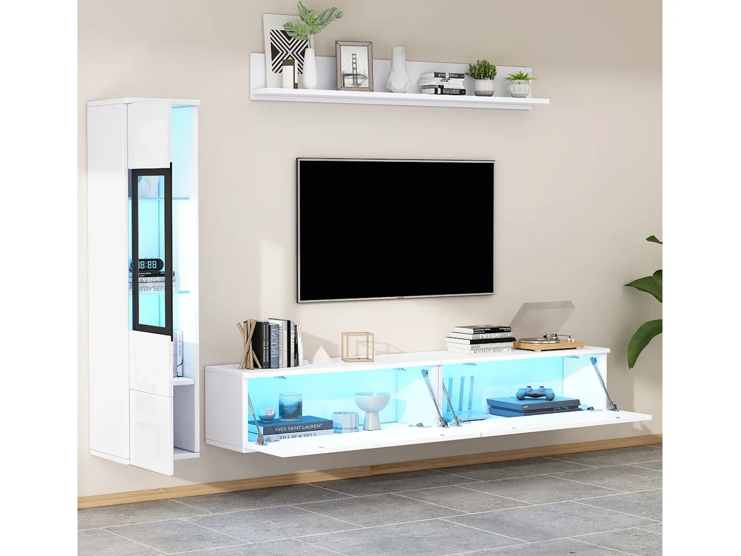 Móvel de TV suspenso + conjunto de vitrine de sala - LEDs - Aglomerado - Branco brilhante