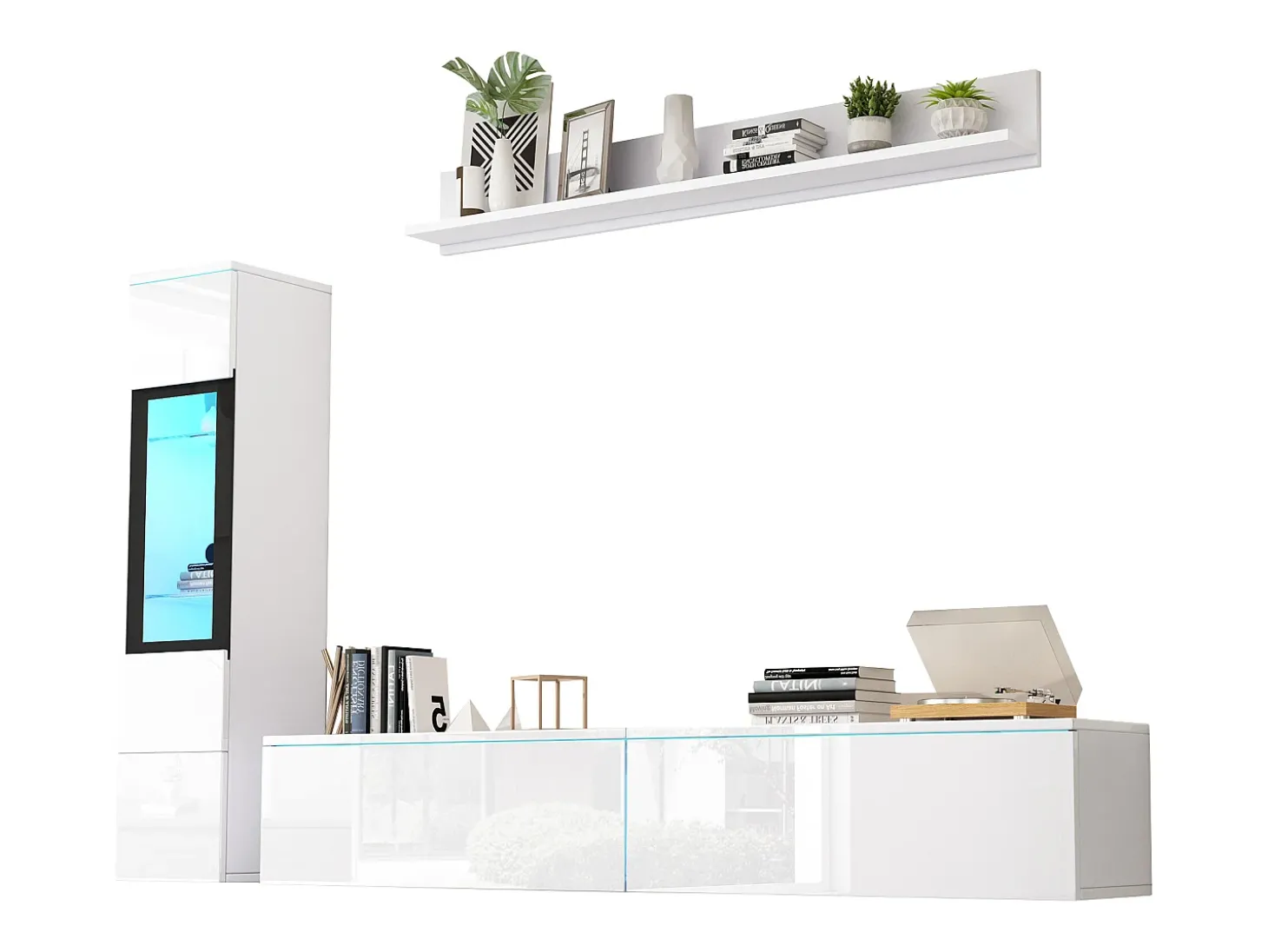 Móvel de TV suspenso + conjunto de vitrine de sala - LEDs - Aglomerado - Branco brilhante