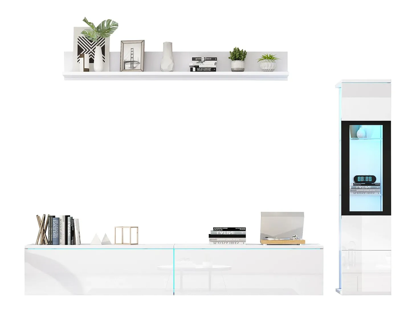 Móvel de TV suspenso + conjunto de vitrine de sala - LEDs - Aglomerado - Branco brilhante