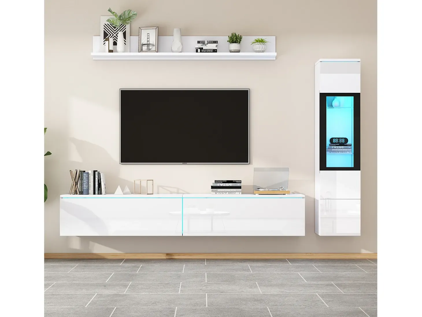 Móvel de TV suspenso + conjunto de vitrine de sala - LEDs - Aglomerado - Branco brilhante