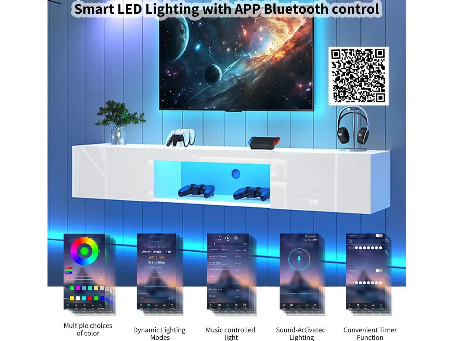 Móvel de TV suspenso com 2 portas e compartimento aberto - 160 x 31 x 22 cm - LEDs - Aglomerado - Branco brilhante