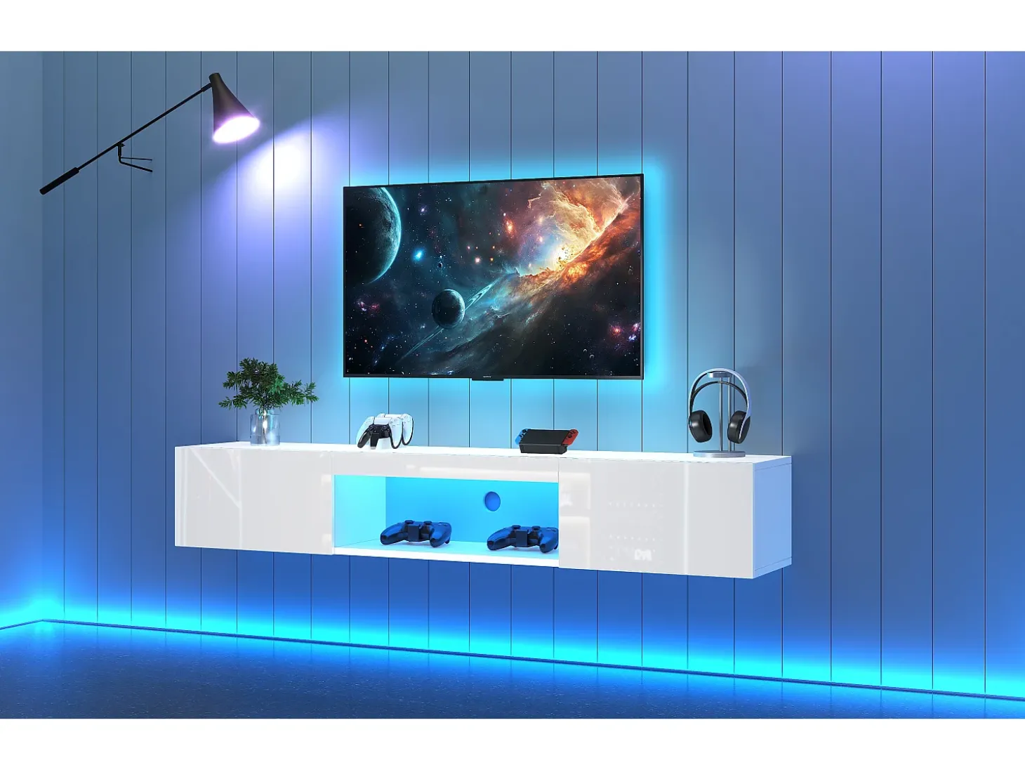 Móvel de TV suspenso com 2 portas e compartimento aberto - 160 x 31 x 22 cm - LEDs - Aglomerado - Branco brilhante