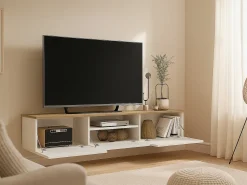 Móvel de TV suspenso com 3 portas e 1 nicho - Branco e natural - LOTULA
