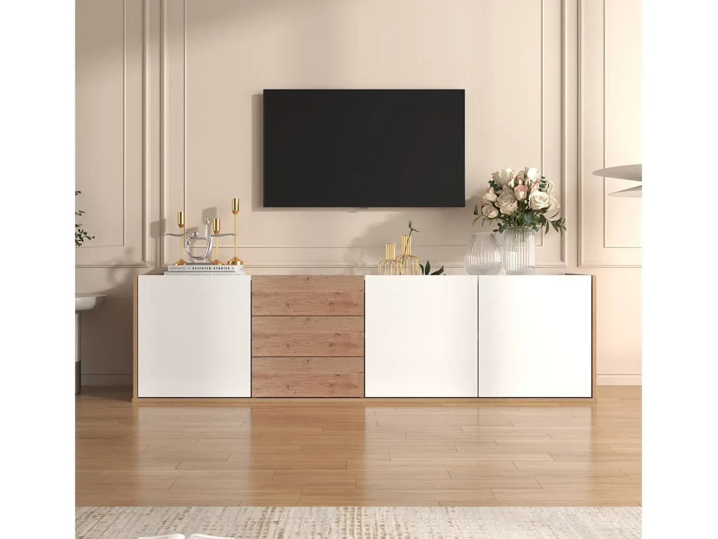 Móvel de TV suspenso ou móvel de TV com 3 gavetas e 3 portas - 171,5 C x 35 L x 47 A cm - Aglomerado - Branco + natural