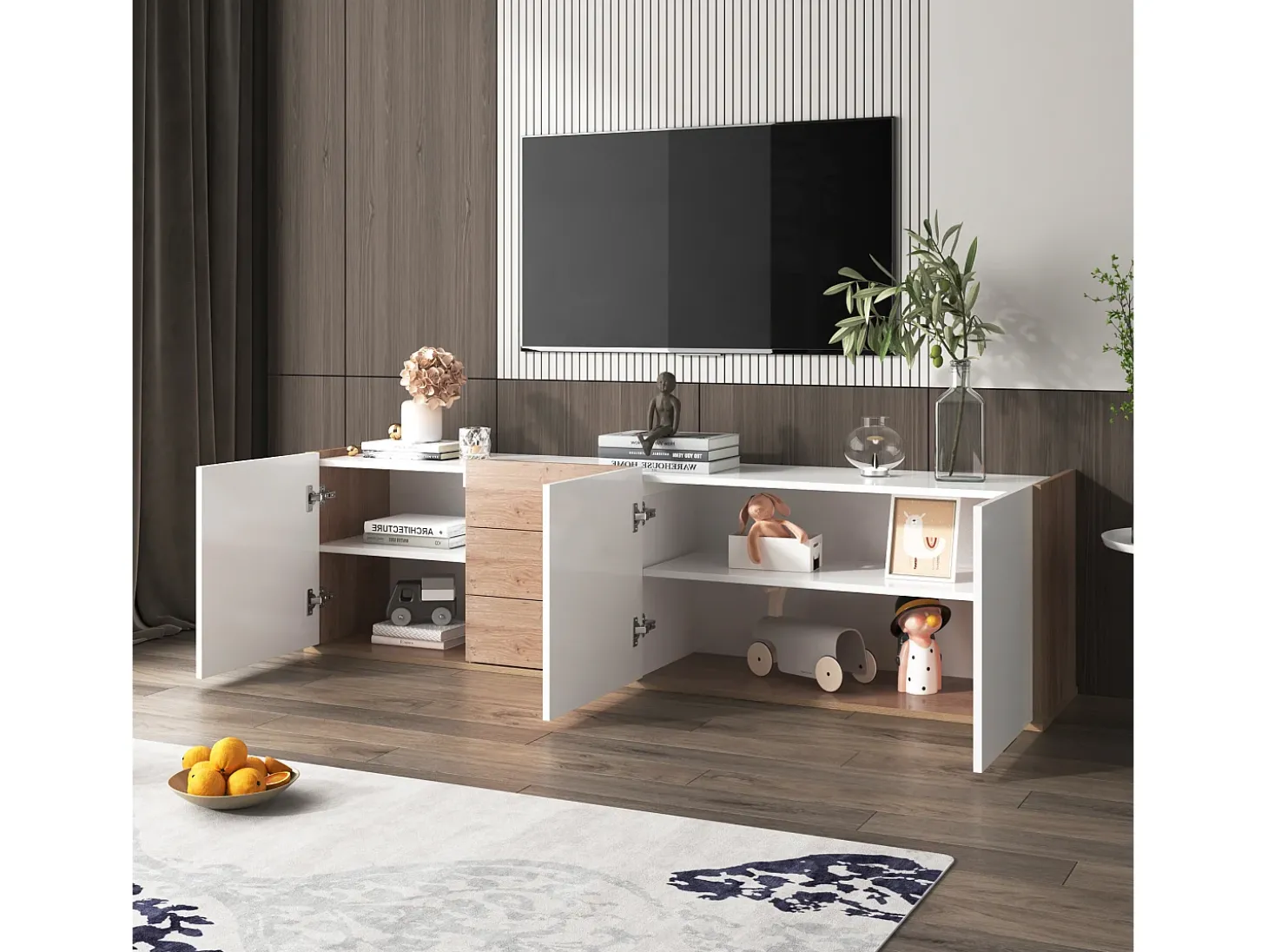 Móvel de TV suspenso ou móvel de TV com 3 gavetas e 3 portas - 171,5 C x 35 L x 47 A cm - Aglomerado - Branco + natural