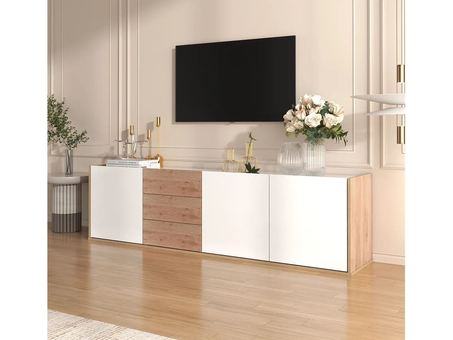 Móvel de TV suspenso ou móvel de TV com 3 gavetas e 3 portas - 171,5 C x 35 L x 47 A cm - Aglomerado - Branco + natural