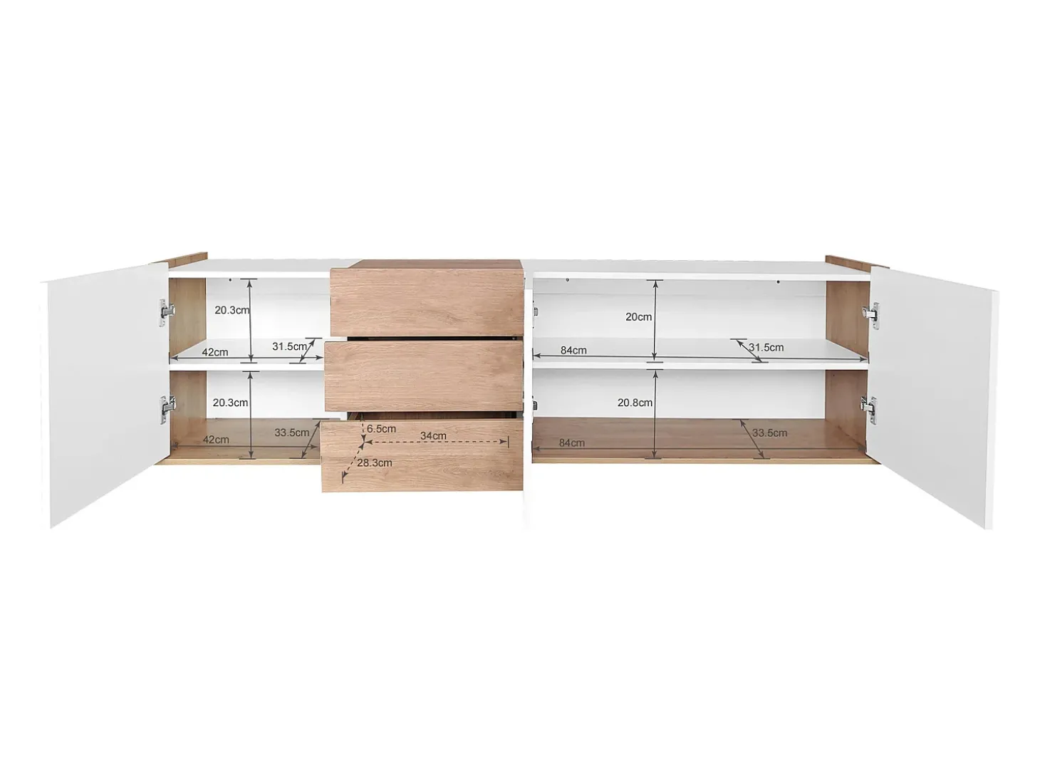 Móvel de TV suspenso ou móvel de TV com 3 gavetas e 3 portas - 171,5 C x 35 L x 47 A cm - Aglomerado - Branco + natural