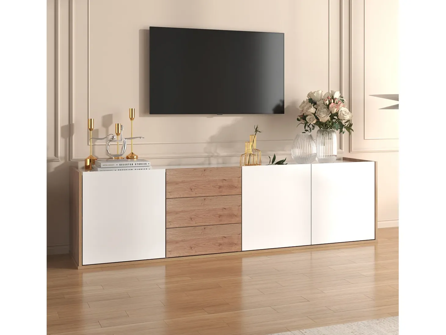 Móvel de TV suspenso ou móvel de TV com 3 gavetas e 3 portas - 171,5 C x 35 L x 47 A cm - Aglomerado - Branco + natural