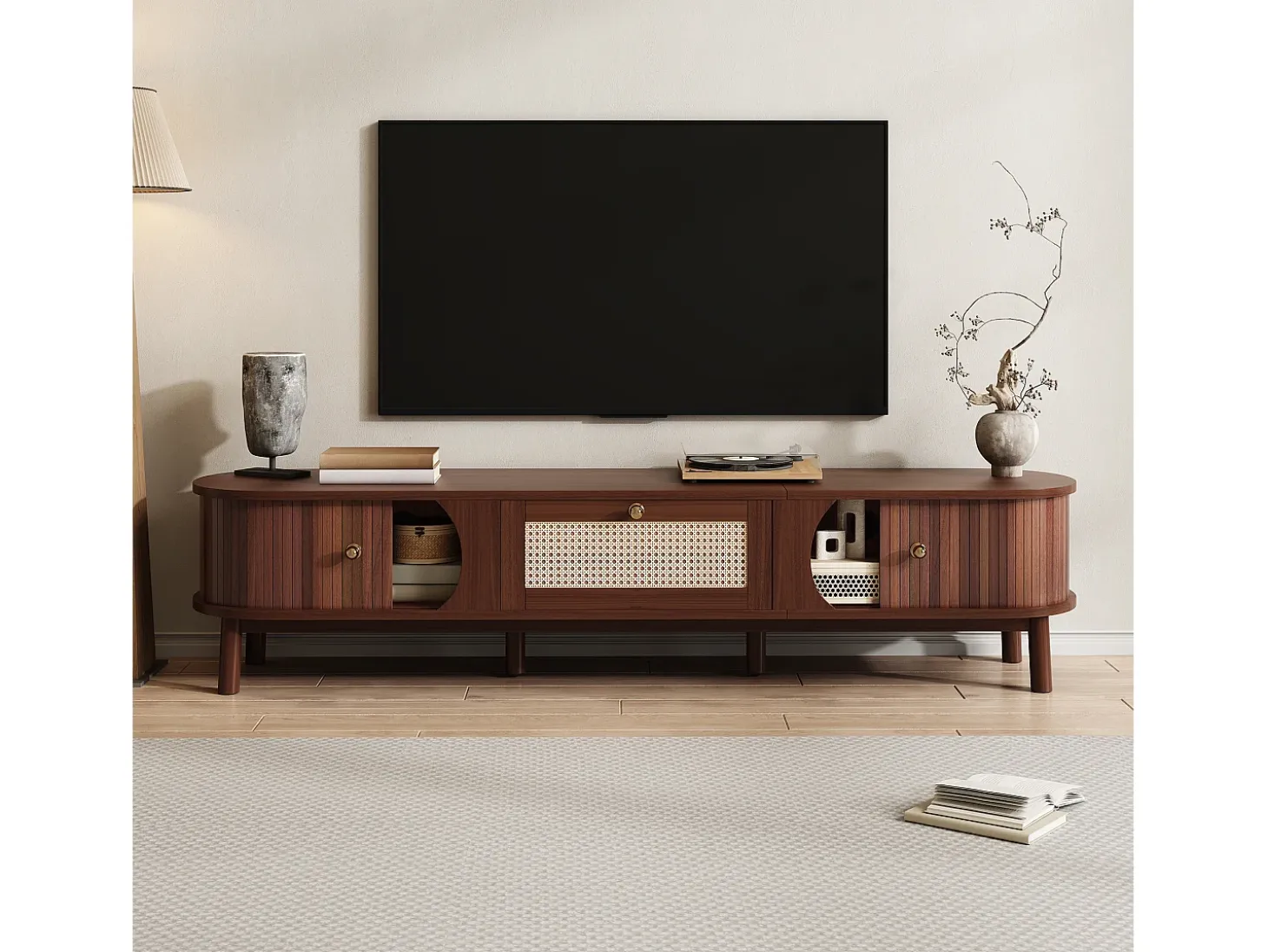 Móvel de TV vintage em nogueira com 2 portas de madeira natural e 1 gaveta de vime, 170 x 39,5 x 38 cm