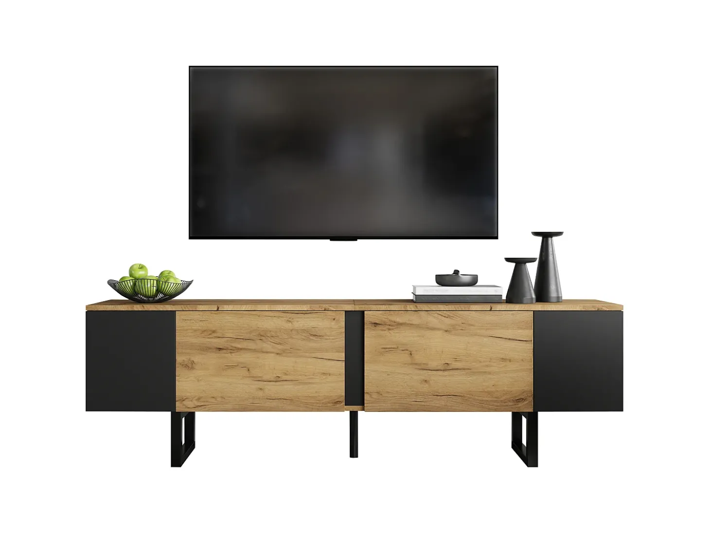 Móvel de TV 180x40x55 cm - 2 portas e prateleiras abertas - TV até 75 polegadas - Painéis de partículas - Natural e preto