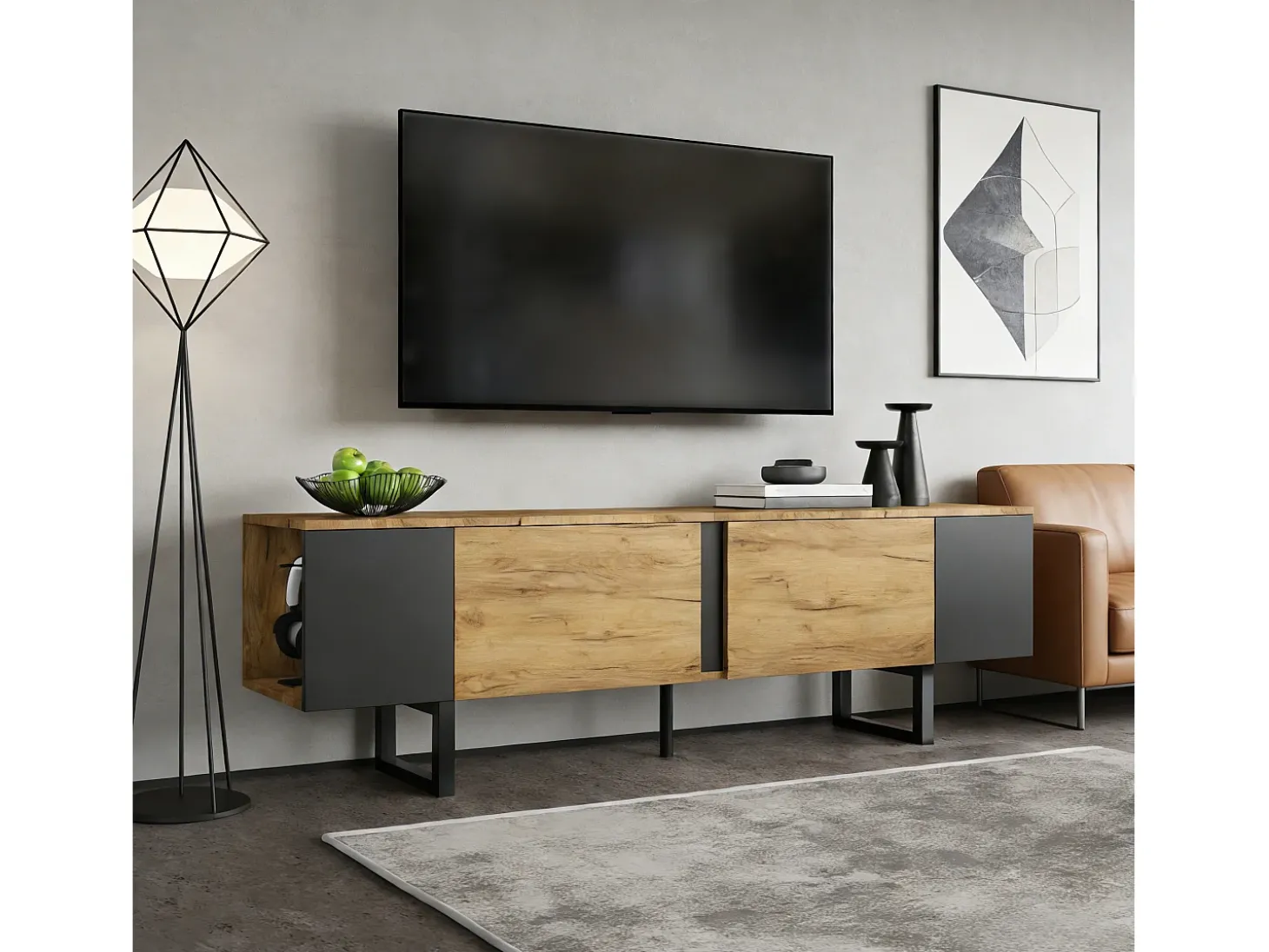 Móvel de TV 180x40x55 cm - 2 portas e prateleiras abertas - TV até 75 polegadas - Painéis de partículas - Natural e preto