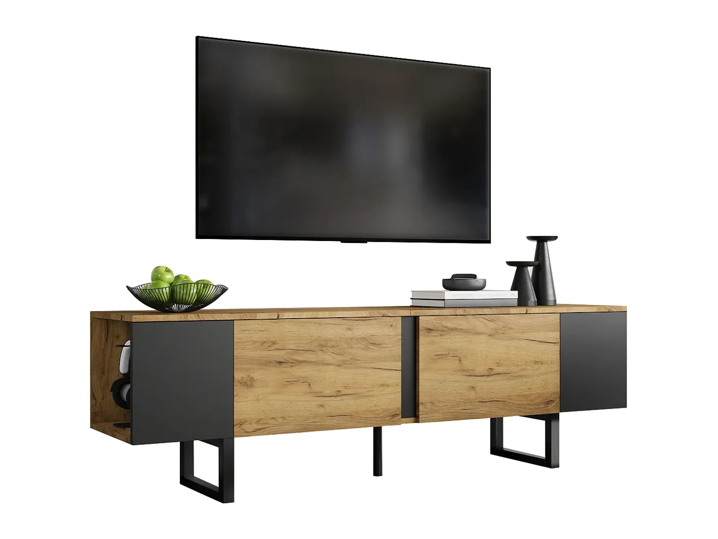 Móvel de TV 180x40x55 cm - 2 portas e prateleiras abertas - TV até 75 polegadas - Painéis de partículas - Natural e preto