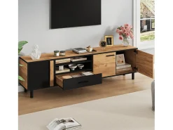 Móvel de TV 180x32.5x50 cm - 3 portas e 1 gaveta - Armazenamento semifechado - Painéis de partículas - Preto e natural