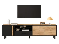 Móvel de TV 180x32.5x50 cm - 3 portas e 1 gaveta - Armazenamento semifechado - Painéis de partículas - Preto e natural