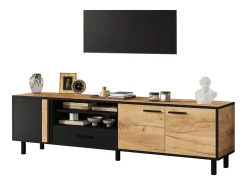 Móvel de TV 180x32.5x50 cm - 3 portas e 1 gaveta - Armazenamento semifechado - Painéis de partículas - Preto e natural