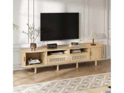 Móvel de TV 170x40x40 cm - com 2 gavetas de rattan - 2 portas corrediças - MDF - Natural