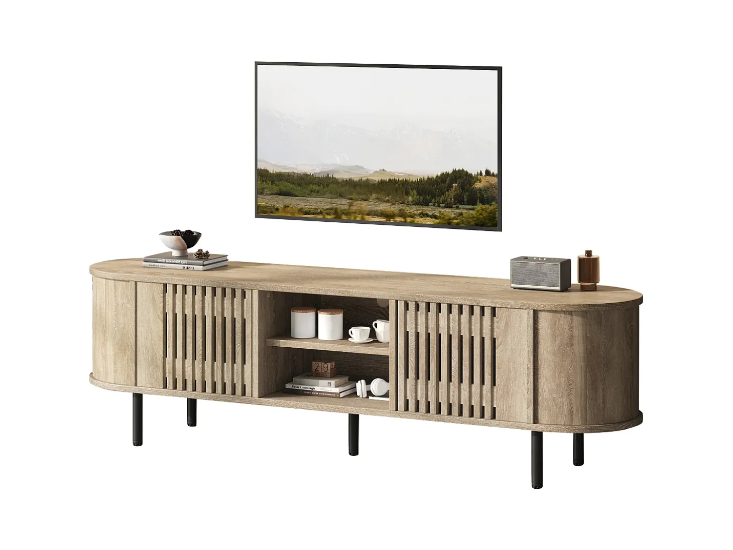 Móvel de TV 160x40x47 cm - con 2 portas - Armazenamento semifechado - Design vazado - Pés de metal - MDF - Natural