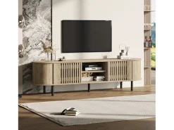 Móvel de TV 160x40x47 cm - con 2 portas - Armazenamento semifechado - Design vazado - Pés de metal - MDF - Natural