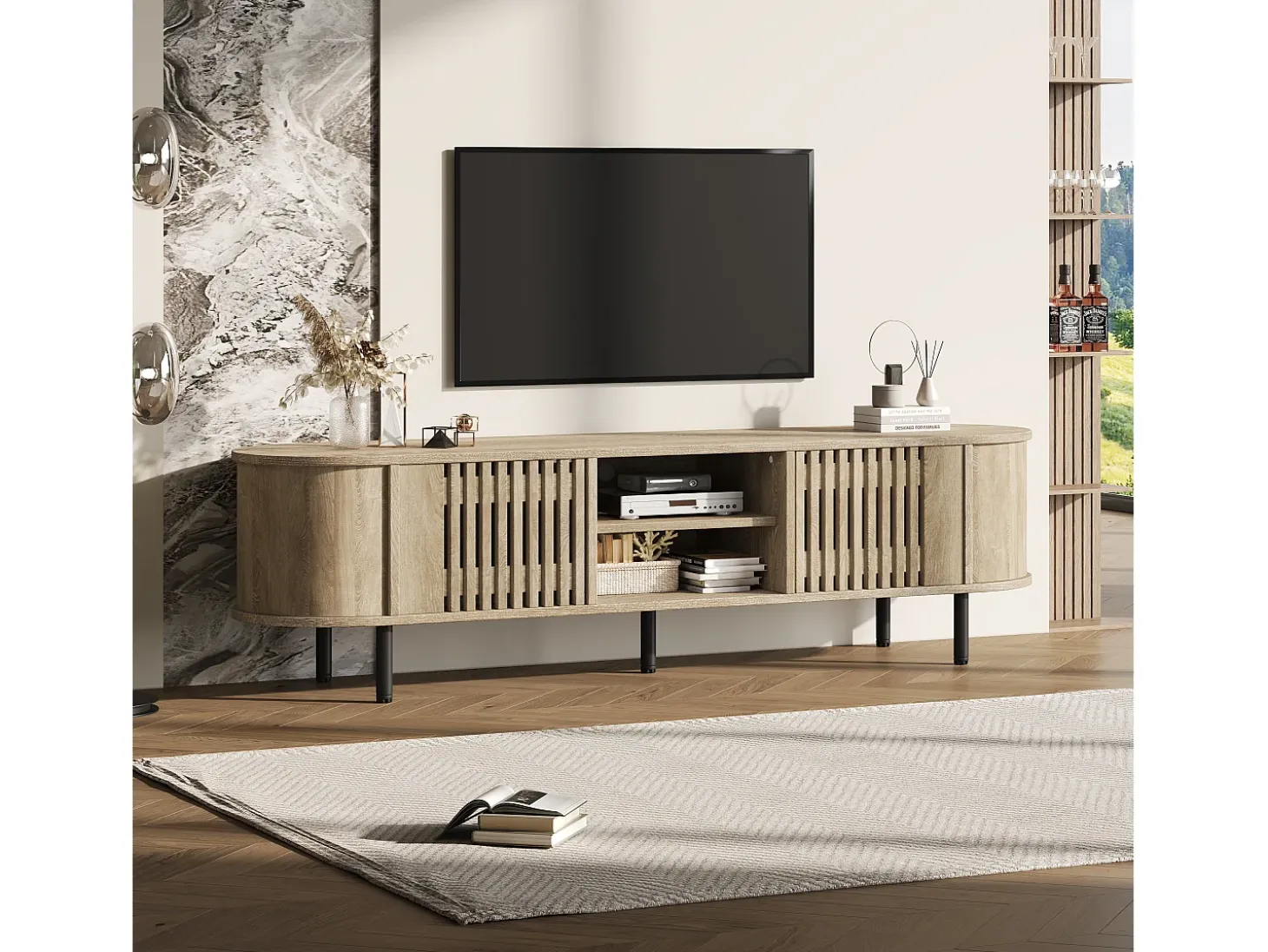 Móvel de TV 160x40x47 cm - con 2 portas - Armazenamento semifechado - Design vazado - Pés de metal - MDF - Natural