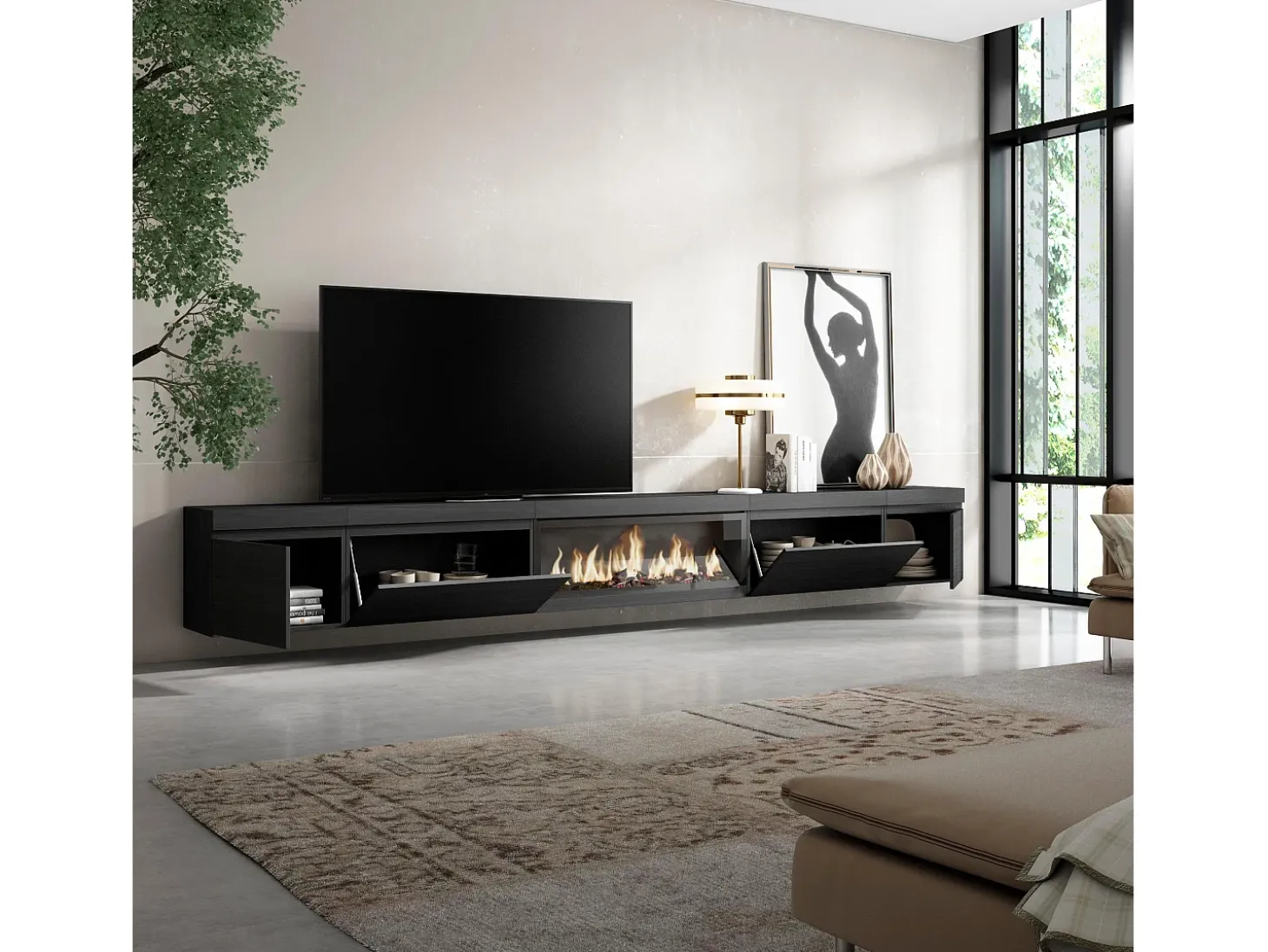 Móvel de TV, 368x35x45, Lareira eléctrica XXL, Suspensos, Preto