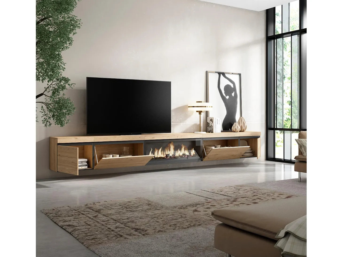 Móvel de TV, 368x35x45, Lareira eléctrica XXL, Suspensos, Carvalho