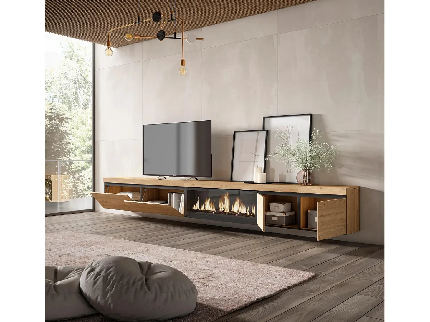 Móvel de TV, 368x35x45, Lareira eléctrica XXL, Suspensos, Carvalho