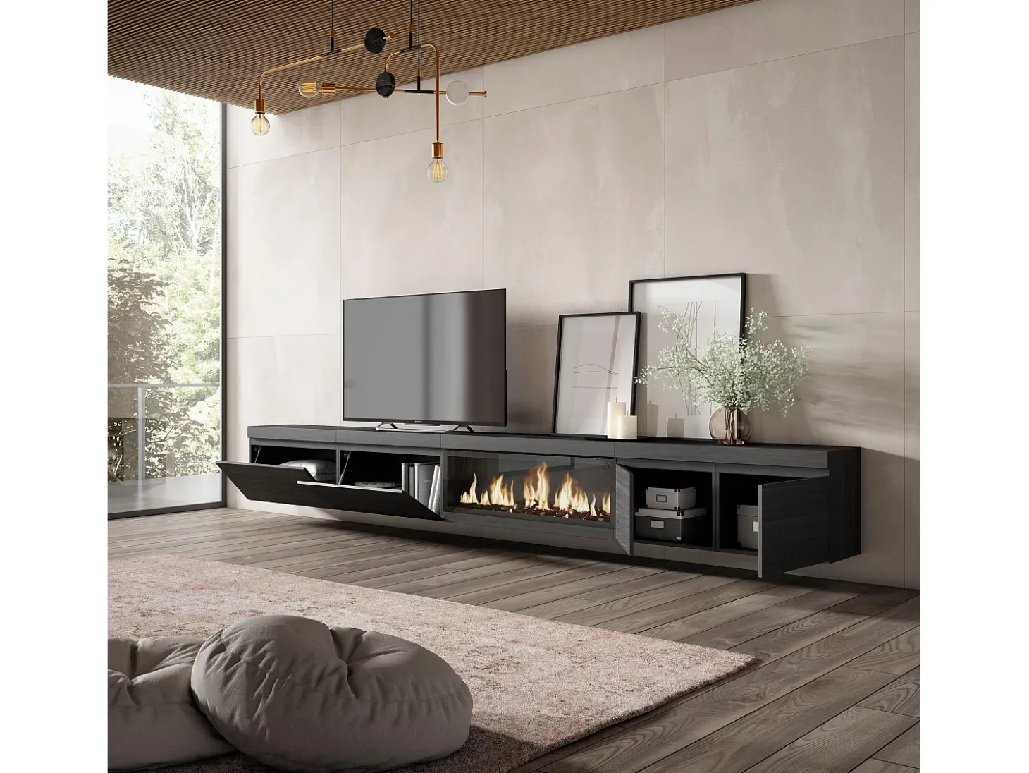 Móvel de TV, 368x35x45, Lareira eléctrica XXL, Suspensos, Preto