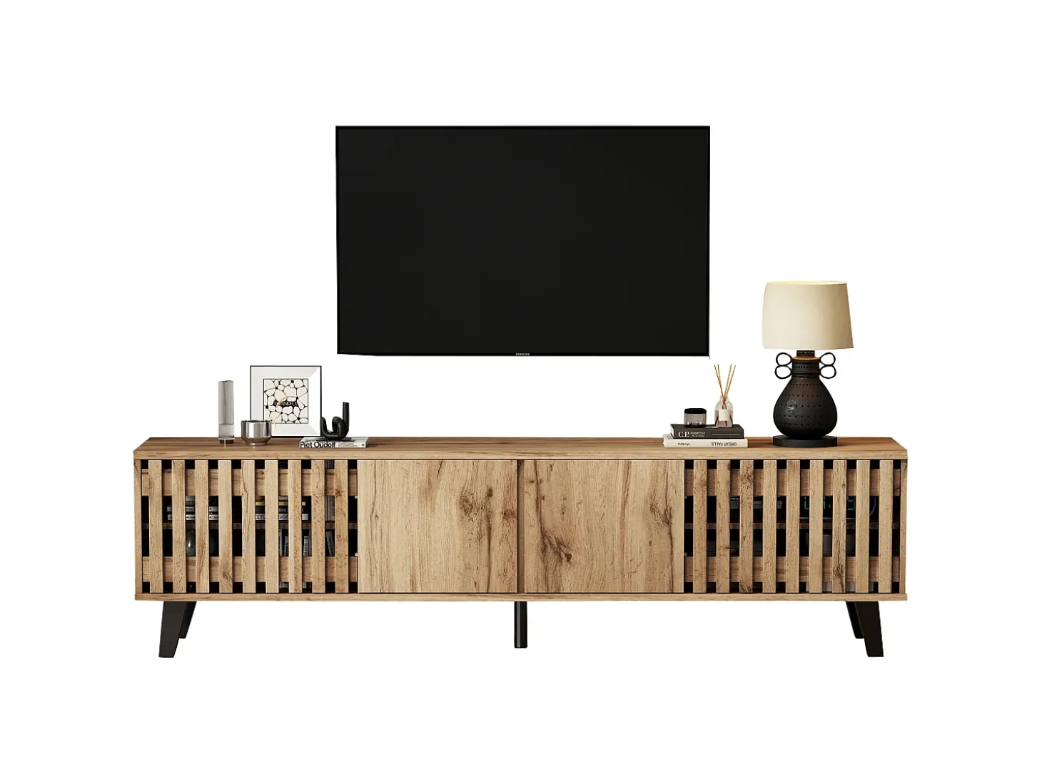 Móvel de TV 180x40x55cm com 4 portas, incluindo 2 portas vazadas, corpo em folheado de madeira natural claro