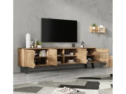 Móvel de TV 180x40x55cm com 4 portas, incluindo 2 portas vazadas, corpo em folheado de madeira natural claro