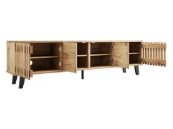 Móvel de TV 180x40x55cm com 4 portas, incluindo 2 portas vazadas, corpo em folheado de madeira natural claro