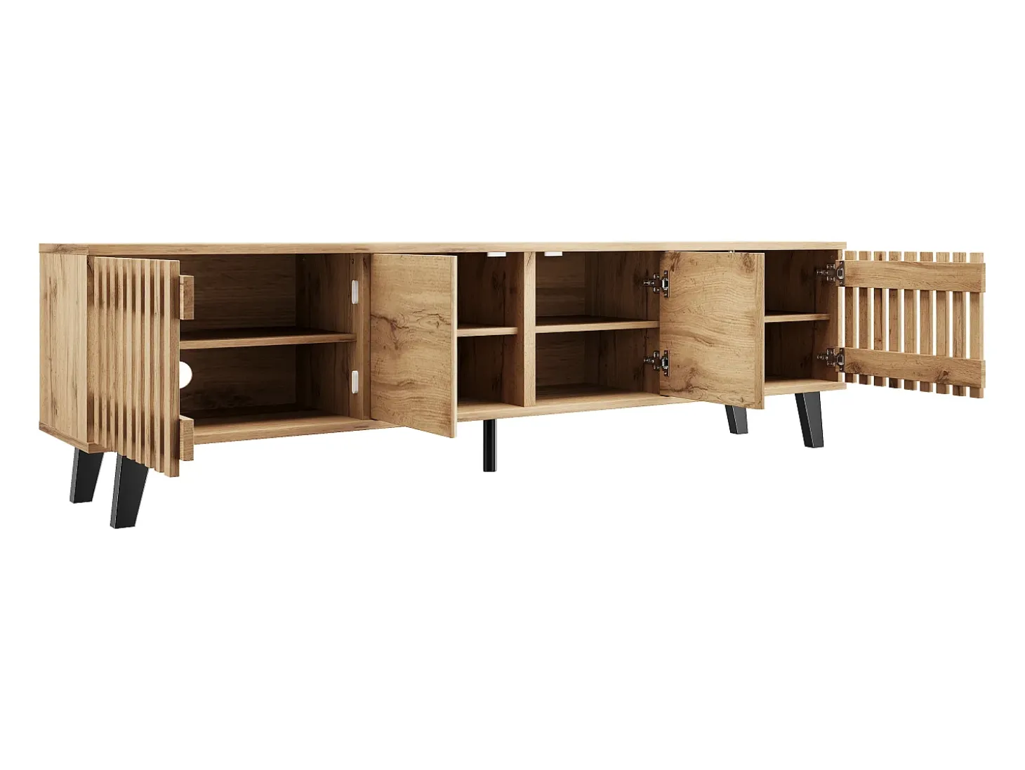 Móvel de TV 180x40x55cm com 4 portas, incluindo 2 portas vazadas, corpo em folheado de madeira natural claro