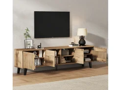 Móvel de TV 180x40x55cm com 4 portas, incluindo 2 portas vazadas, corpo em folheado de madeira natural claro