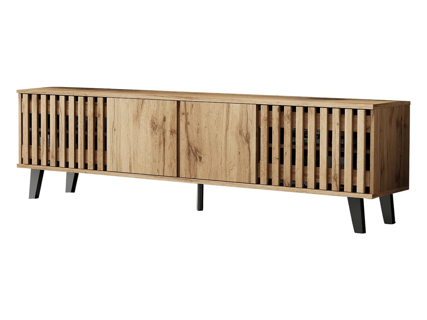 Móvel de TV 180x40x55cm com 4 portas, incluindo 2 portas vazadas, corpo em folheado de madeira natural claro