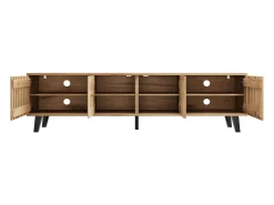 Móvel de TV 180x40x55cm com 4 portas, incluindo 2 portas vazadas, corpo em folheado de madeira natural claro
