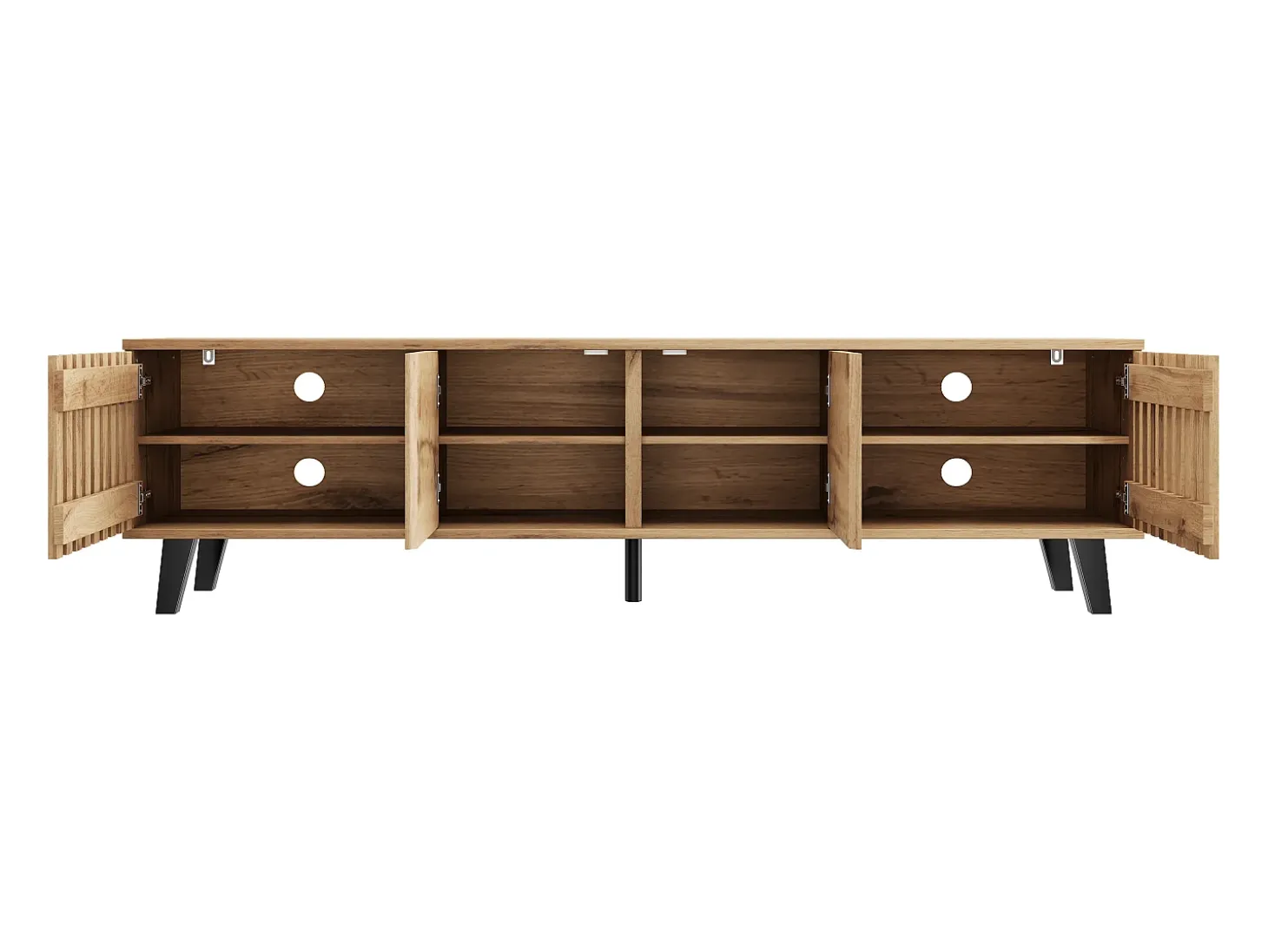 Móvel de TV 180x40x55cm com 4 portas, incluindo 2 portas vazadas, corpo em folheado de madeira natural claro