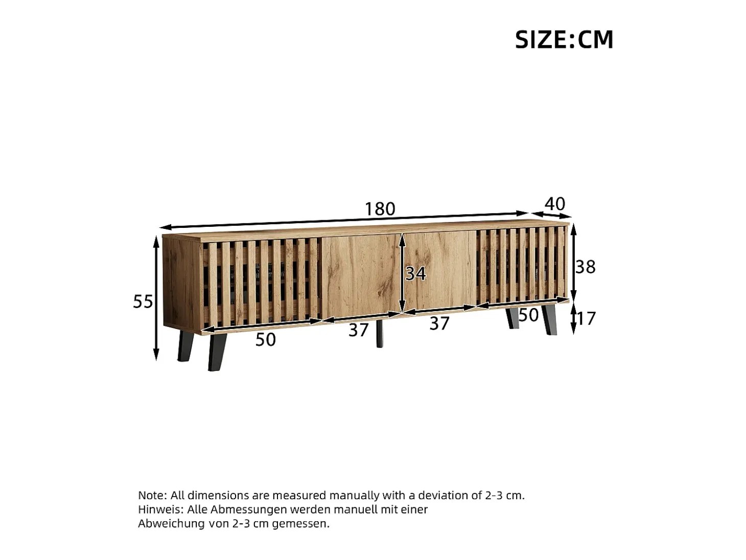 Móvel de TV 180x40x55cm com 4 portas, incluindo 2 portas vazadas, corpo em folheado de madeira natural claro