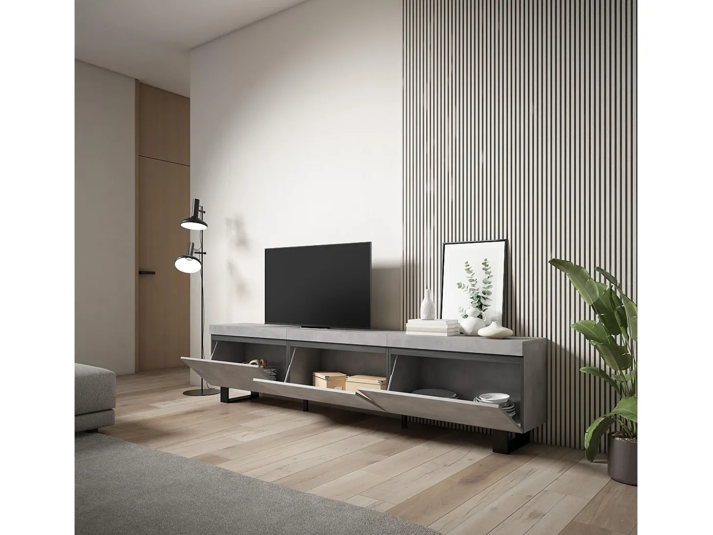 Móvel de TV, 240x35x57cm, Design industrial, Cimento