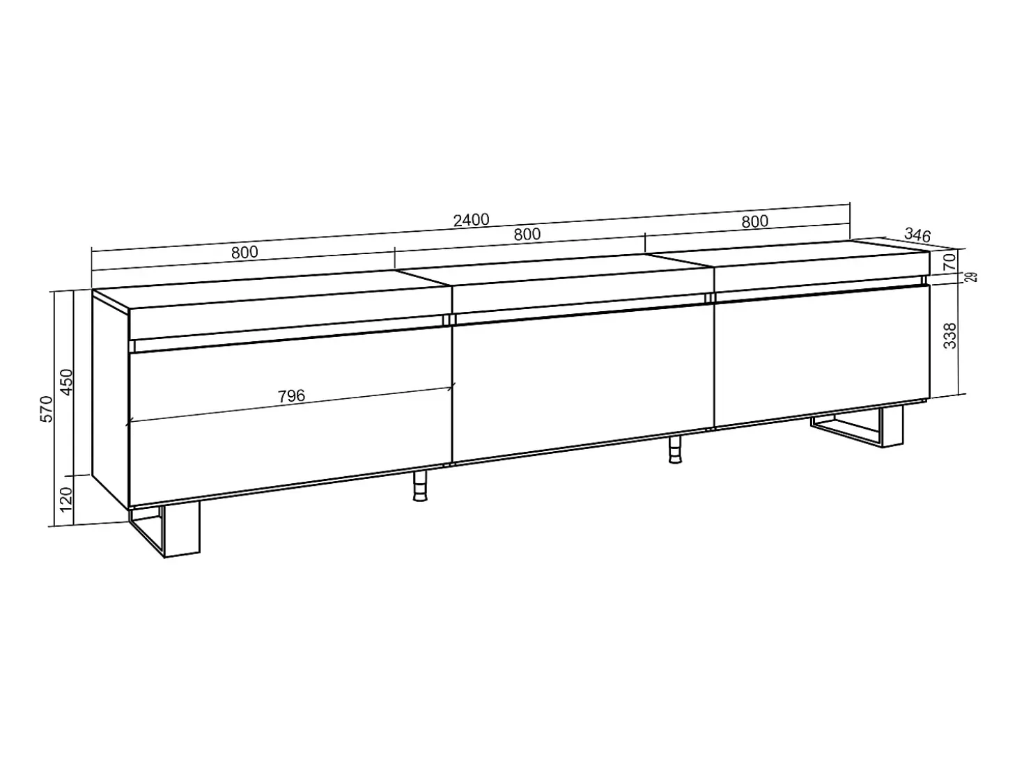 Móvel de TV, 240x35x57cm, Design industrial, Carvalho