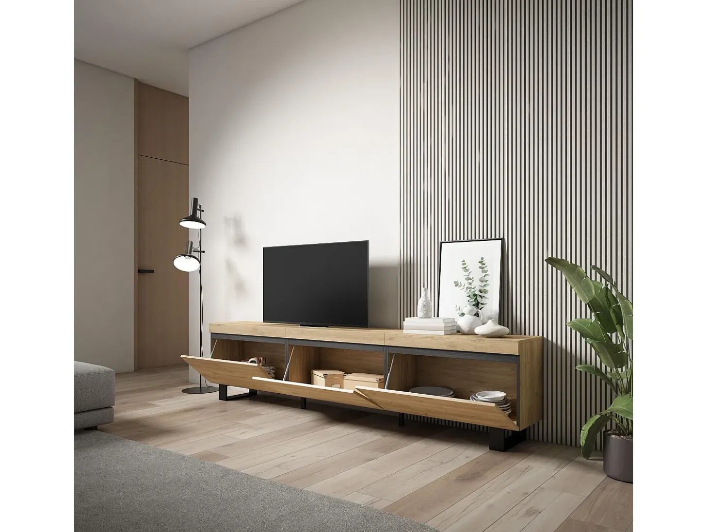 Móvel de TV, 240x35x57cm, Design industrial, Carvalho