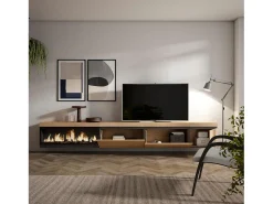 Móvel de TV, 317x35x45cm, Lareira eléctrica XXL, Suspensos, Carvalho