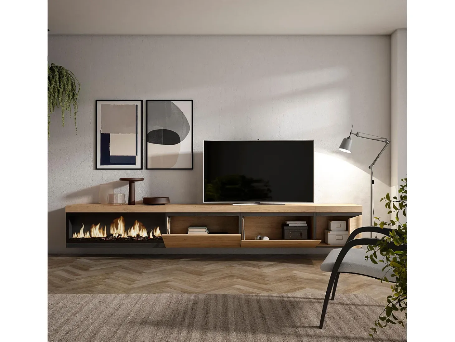 Móvel de TV, 317x35x45cm, Lareira eléctrica XXL, Suspensos, Carvalho