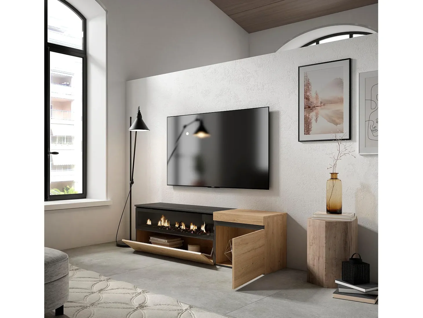 Móvel de TV, 150x35x45cm, Para televisores até 65", Lareira eléctrica, Carvahlo e preto
