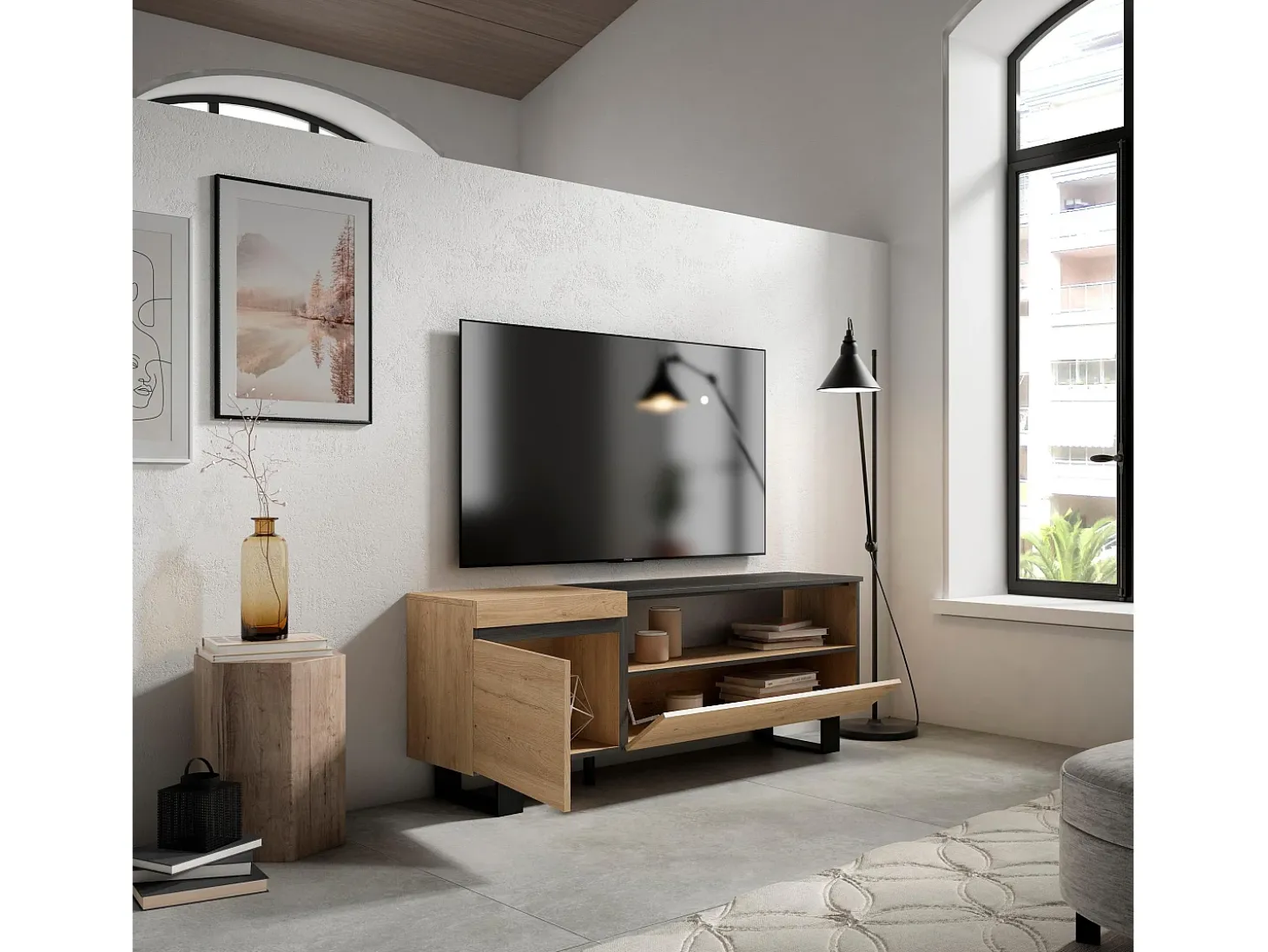 Móvel de TV, 150x35x57cm, Para televisores até 65", Design industrial, Carvahlo e preto